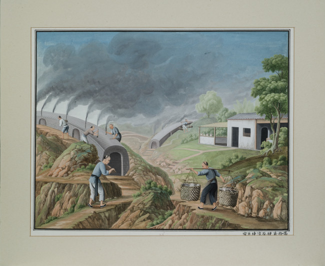 4. De ovens in Jingdezhen met een donkere hemel veroorzaakt door alle rook die uit de schoorstenen komt, China, late 18de eeuw, gouache, Keramiekmuseum Princessehof (bruikleen Ottema-Kingma stichting), NO 05524