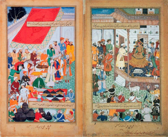 4. De Mogolkeizer Akbar ontvangt de Iraanse ambassadeur Sayyid Beg, 1562. Schildering, ca. 1590-95. Uit Akbarnama (Boek van Akbar). Victoria and Albert Museum, Londen