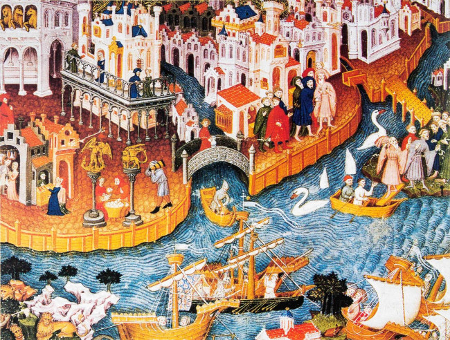 6. Het vertrek van Marco Polo uit Venetië, 1271. Detail van een schilderij. MS Bodleian, fol. 218 r. Bodleian Libraries, Universiteit van Oxford