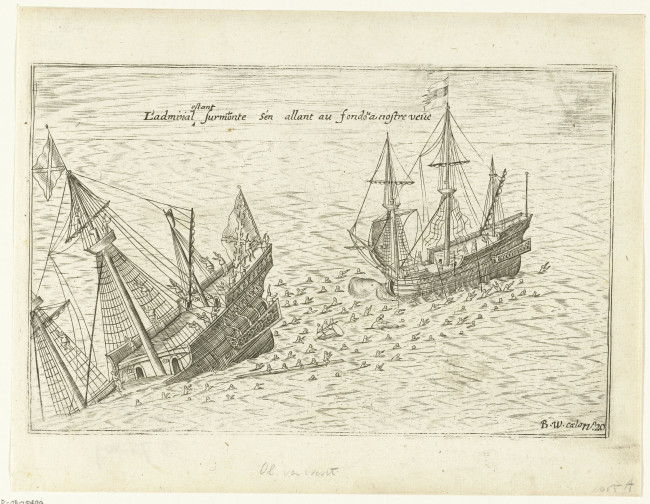 Het zinken van de San Diego (1600), illustratie uit het verslag van de reis om de wereld door Olivier van Noort, Rijksmuseum Amsterdam, RP-P-OB-75.409