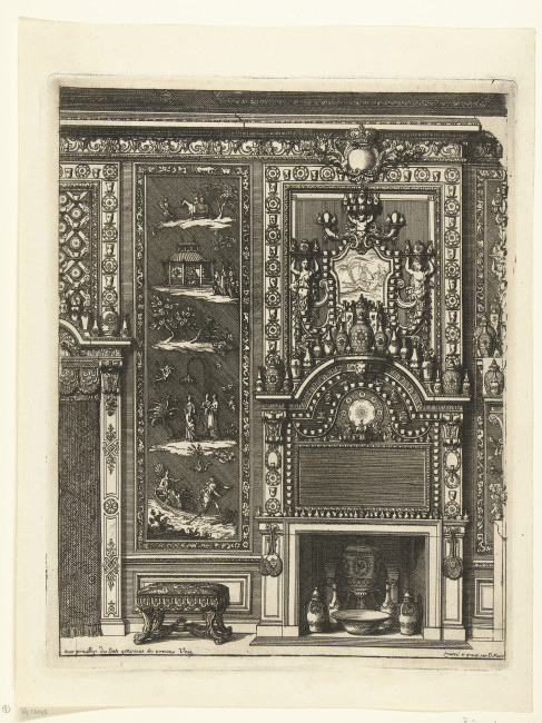 Ontwerp voor een wand en schoorsteenmantel, Daniël Marot, eind 17de eeuw, gravure, uitgegeven in 1712 in Nouvelles Chéminées, Rijksmuseum, RP-P-1964-3043